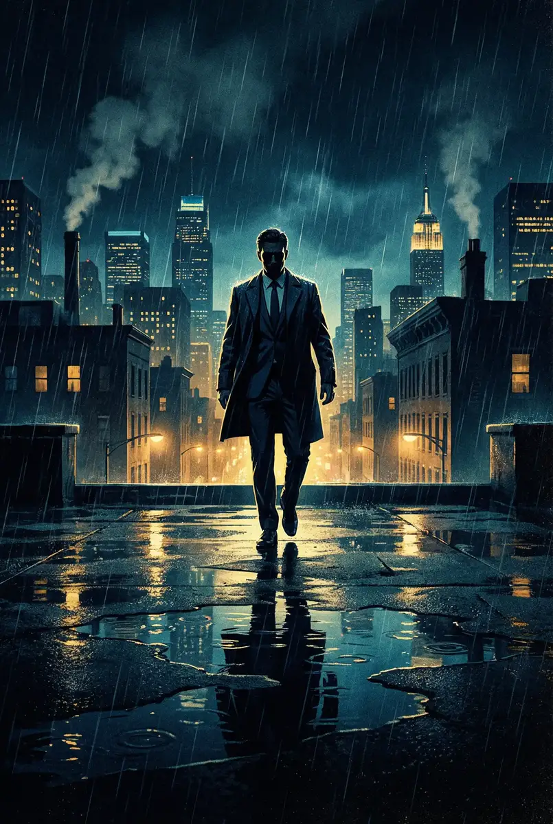 上位百度影音 出品影片《雨夜独行者》海报，雨中城市屋顶男性剪影